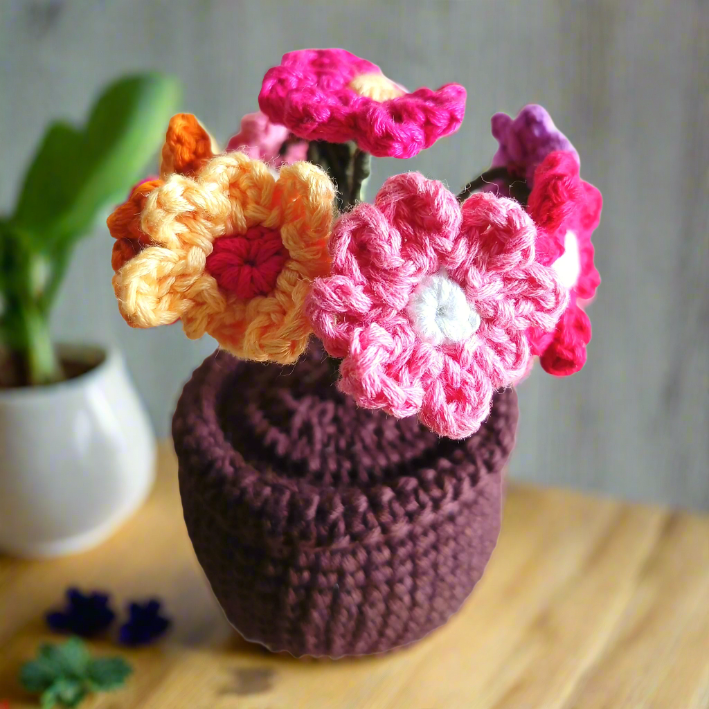Handmade Crochet Daisy Flower Pot | Colorful Home Decor | Gift & Car Dashboard Accessory