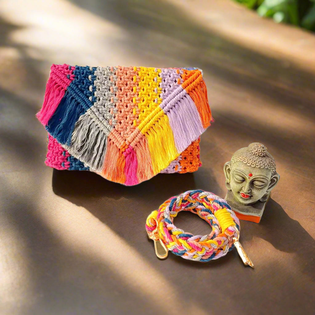 Blissful Rainbow Handcrafted Macrame Sling HandBag For Ladies