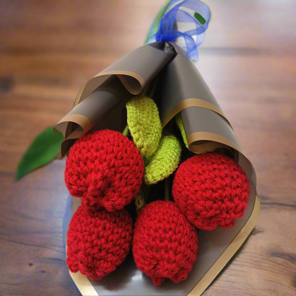 Crochet Tulip Bouquet – Set of 4 Red Tulips | Romantic Gift for Valentine’s, Anniversary & Home Decor