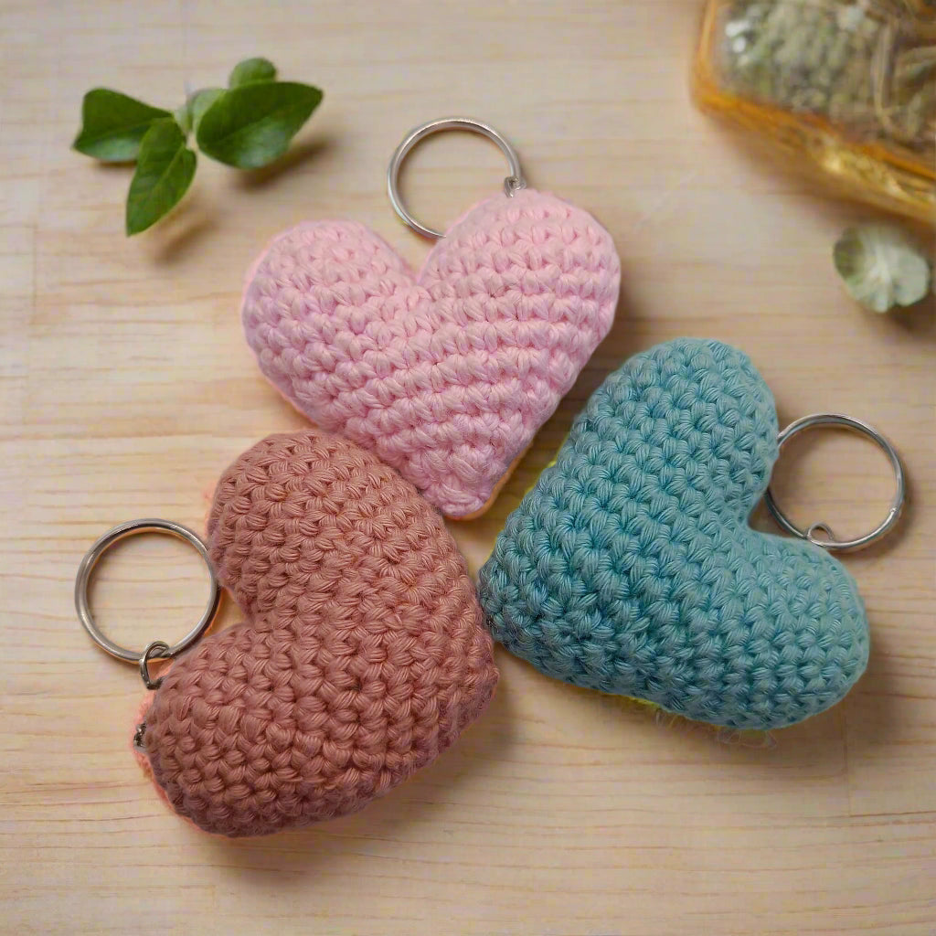 Crocheted heart-shaped keychains