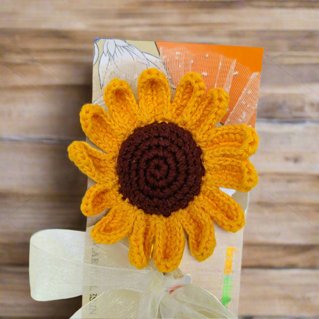 Crocheted sunflower on a product packaging