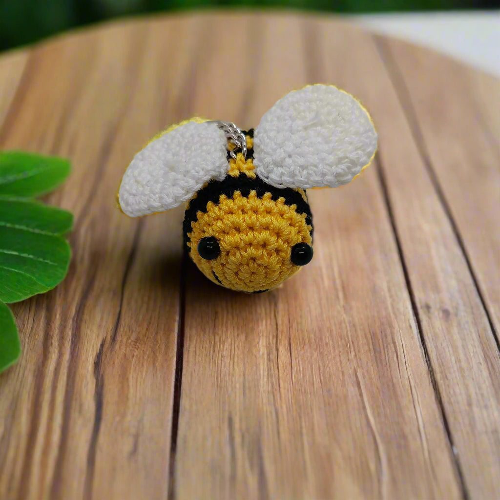 Crocheted toy honeybee charm keychain