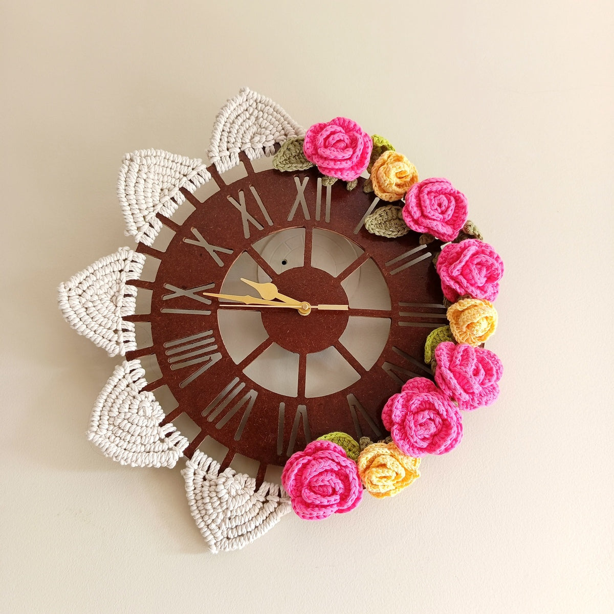 Decorative wall clock with floral crochet and macrame design, made in India