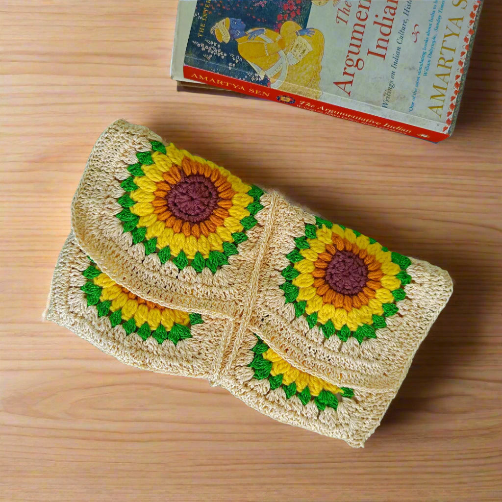 Handcrafted Crochet Sunflower Book Cover | Ideal for Novels | Customizable with String Closure