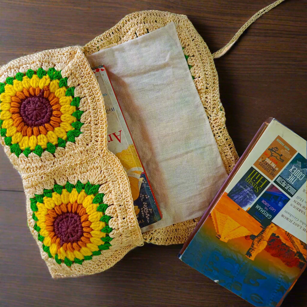 Handcrafted Crochet Sunflower Book Cover | Ideal for Novels | Customizable with String Closure