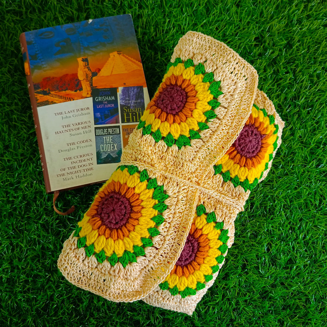 Handcrafted Crochet Sunflower Book Cover | Ideal for Novels | Customizable with String Closure