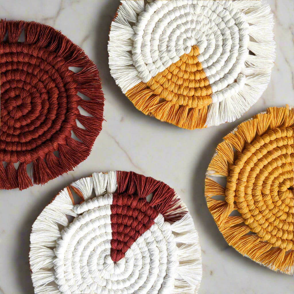 Handcrafted Macrame Tea Coasters – Vibrant Wine & Mustard | 4-Inch Cotton Coasters for Boho Home Decor, Dining, & Gifting