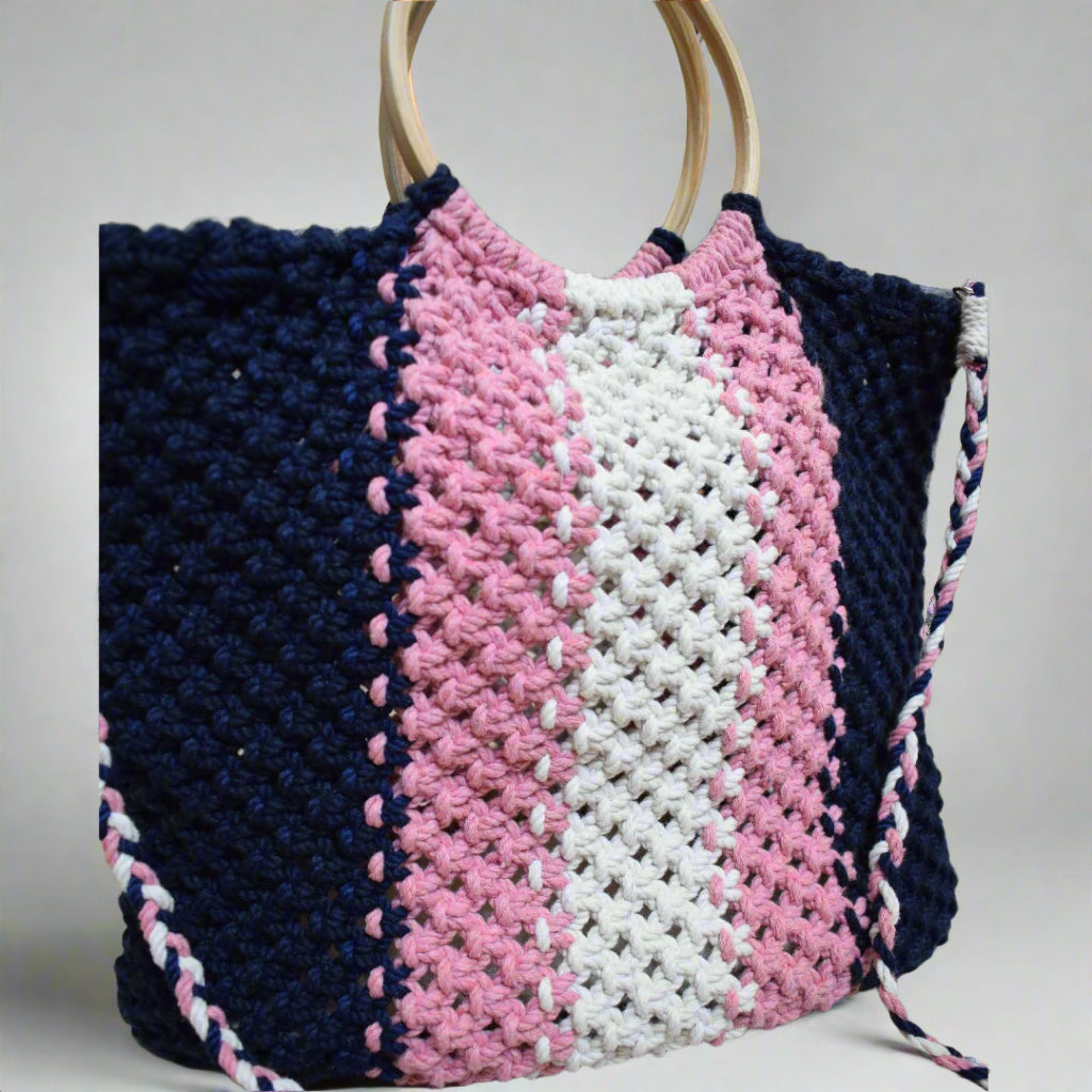 Tri-Colored Handcrafted Macrame Tote Bag for Women | Eco-Friendly Boho Shopping & Utility Bag
