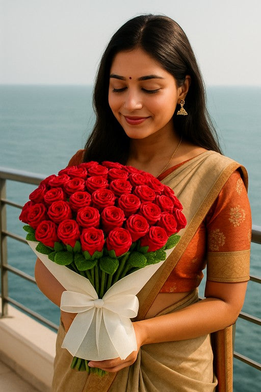 Handmade Crochet 50 Red Rose Bouquet – Everlasting Flowers for Proposals, Weddings & Anniversaries | The Ultimate Romantic Gift for Her | Made in India