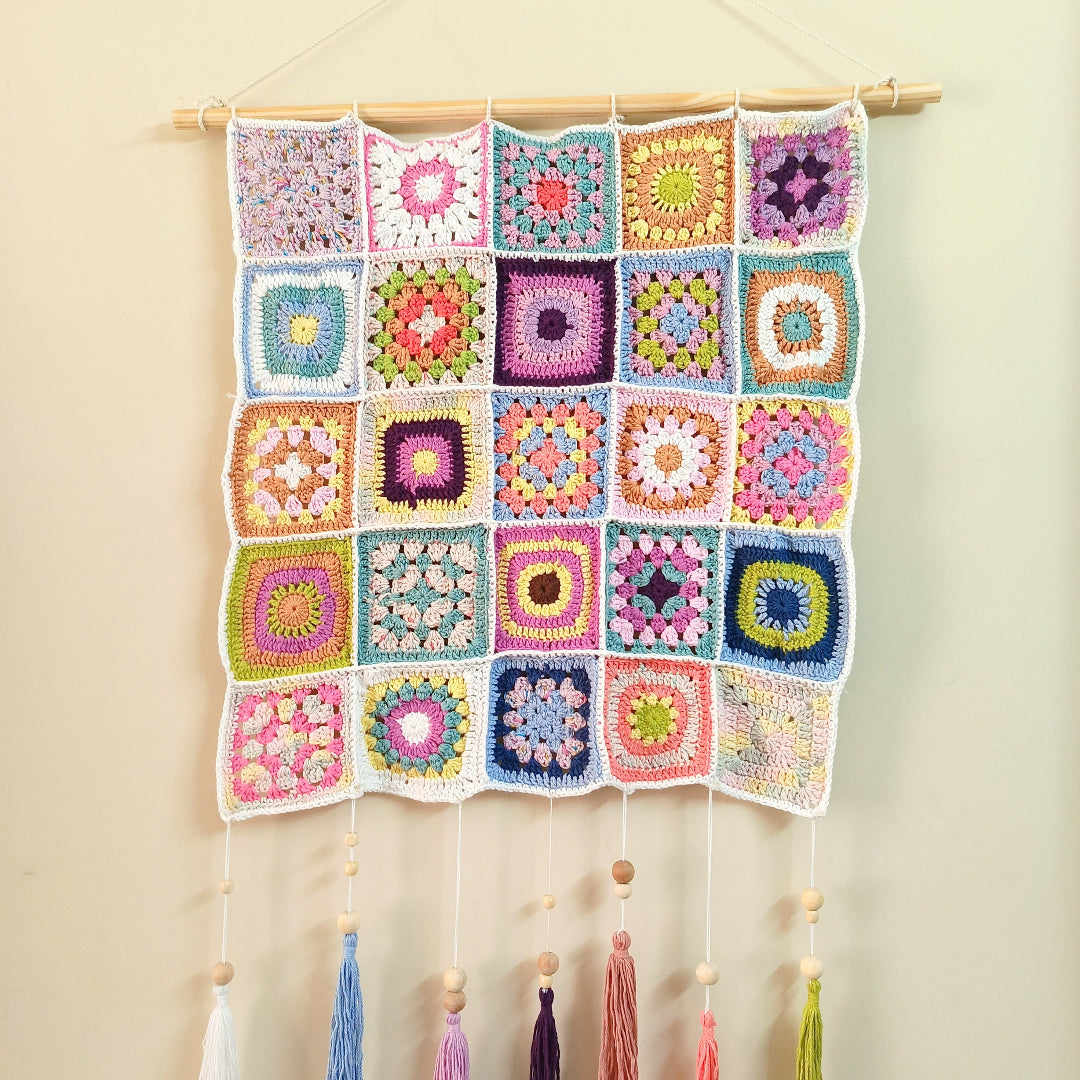 Handcrafted Crochet Granny Square Wall Hanging | Elegant Boho Home Décor with Tassels | Sustainable Wall Art for Living Room, Cafes, Offices | Perfect Housewarming Gift