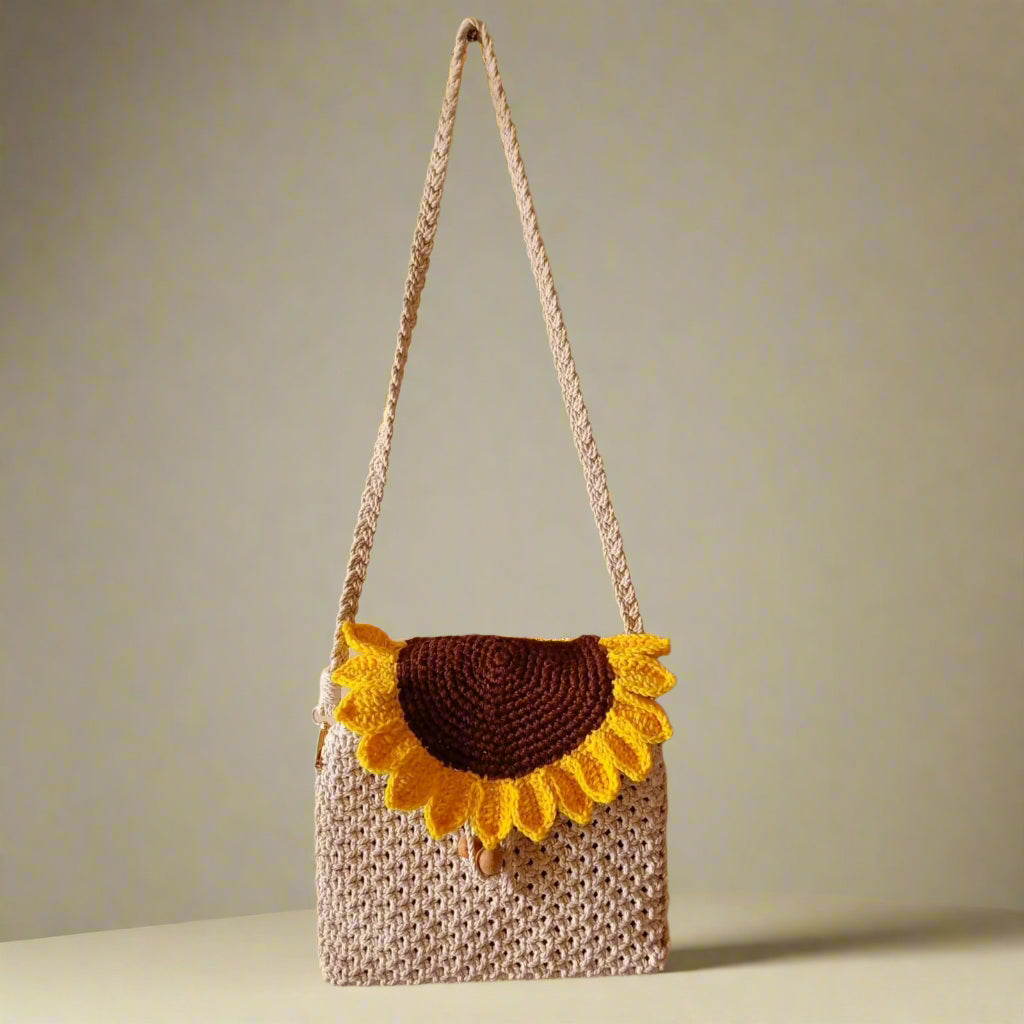 Handmade Macrame Crossbody Bag with Sunflower Crochet Flap | Boho Chic White and Yellow Shoulder Bag