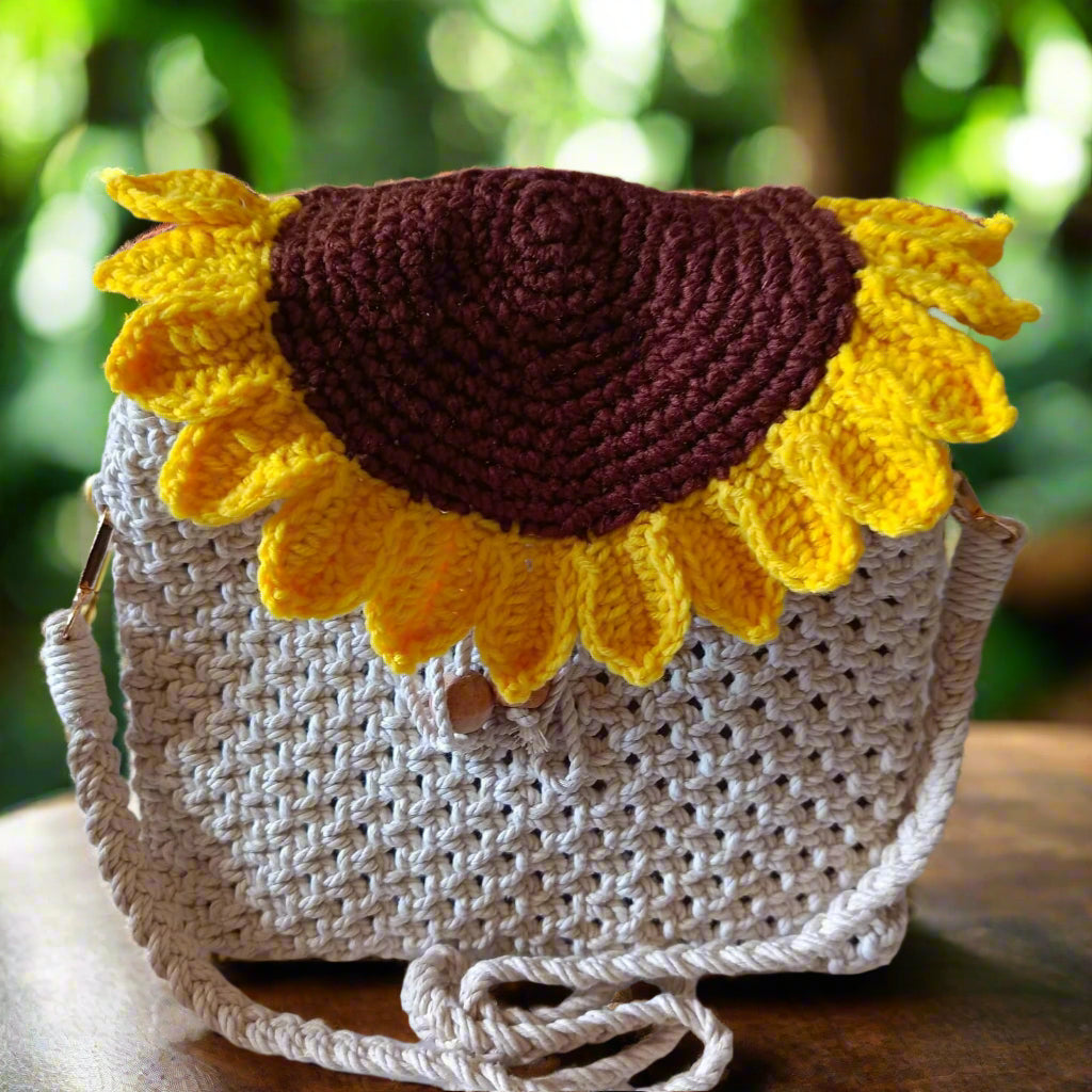 Handmade Macrame Crossbody Bag with Sunflower Crochet Flap | Boho Chic White and Yellow Shoulder Bag