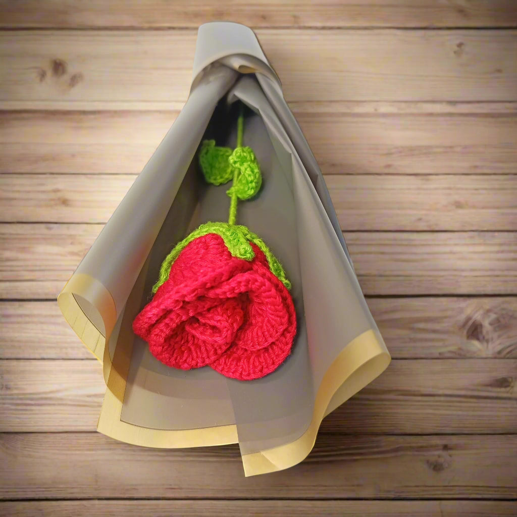 Handcrafted Red Crochet Rose in Elegant Light Gray Wrapping | Gift for Special Occasions | Valentine's Day Gift | Anniversary Gift | Birthday Gifts