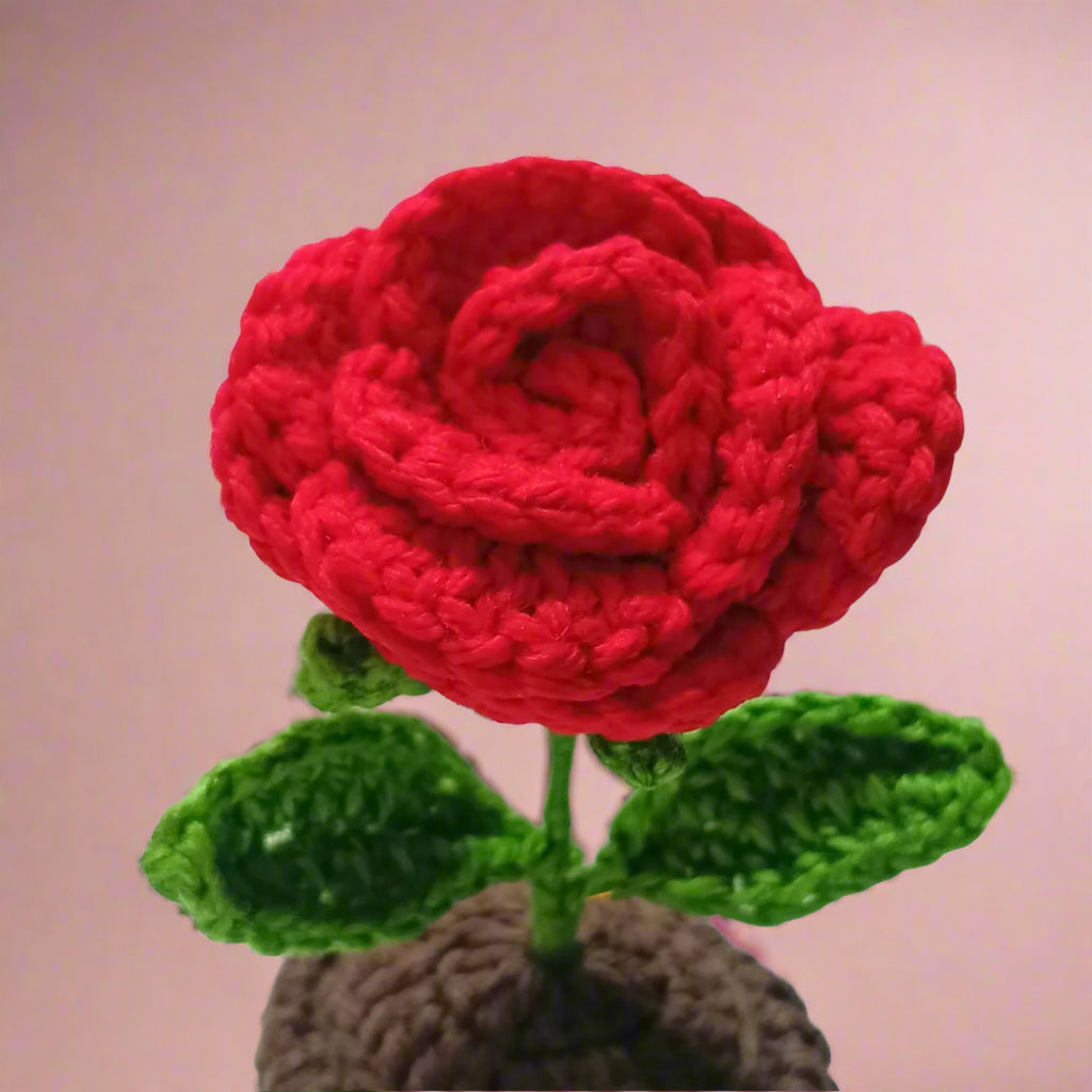 Handmade Crochet Rose Flower Pot Complete Hand Woven Crafty Rose Knitted Potted Plants Knitted Flower for Car Dash Decoration, Table Decoration, Home Decoration Pack of 1