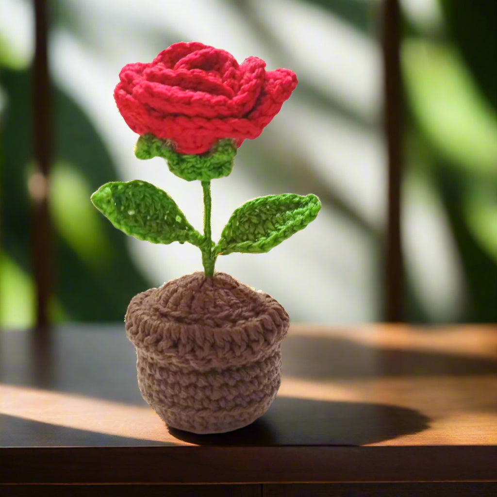 Handmade Crochet Rose Flower Pot Complete Hand Woven Crafty Rose Knitted Potted Plants Knitted Flower for Car Dash Decoration, Table Decoration, Home Decoration Pack of 1