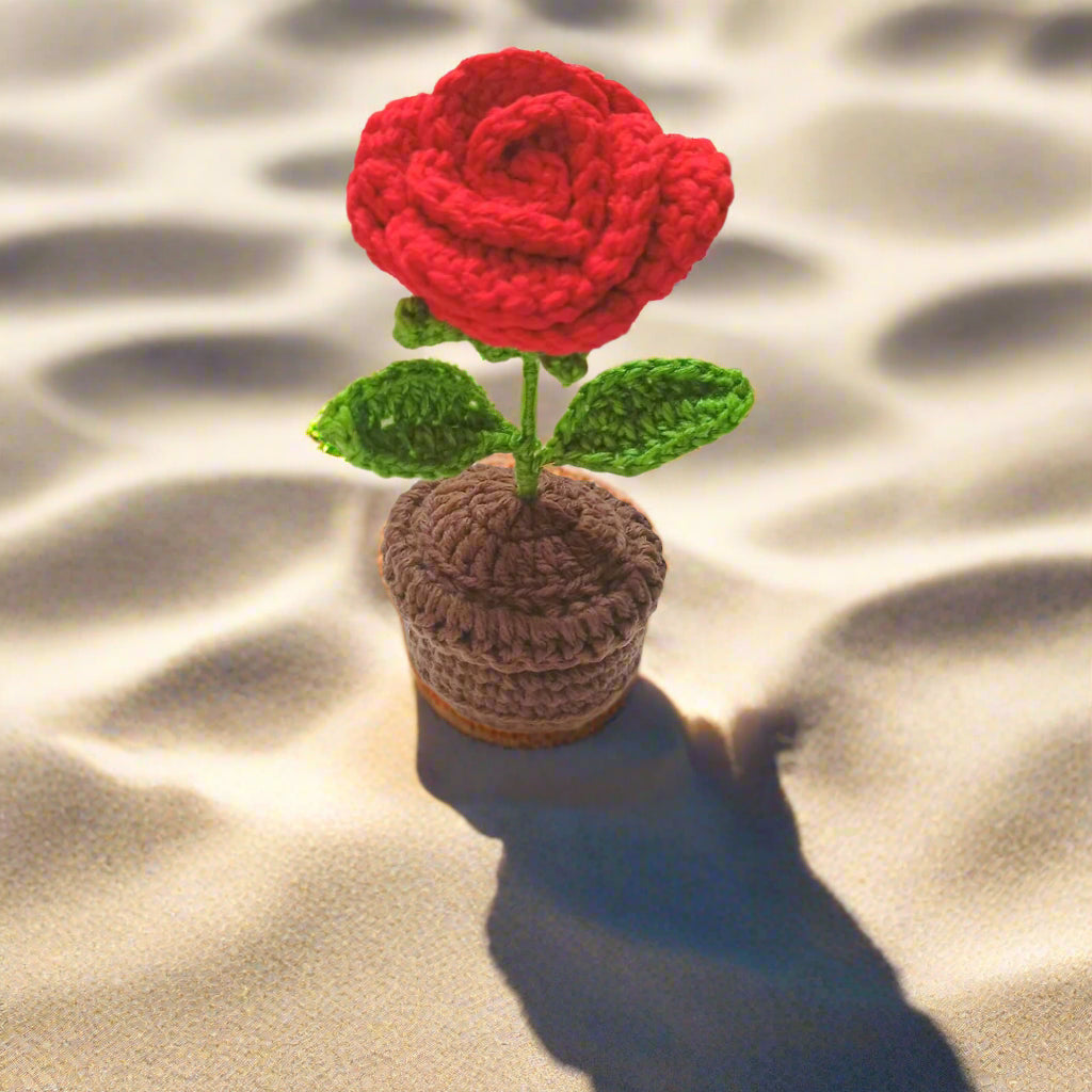 Handmade Crochet Rose Flower Pot Complete Hand Woven Crafty Rose Knitted Potted Plants Knitted Flower for Car Dash Decoration, Table Decoration, Home Decoration Pack of 1