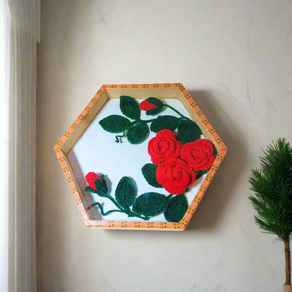 Handmade Crochet Flower Wall Frame – 3D Sunflower & Rose Designs for Home Decor, Gifting, Corporate Hampers & Wedding Events – Wooden Box Frame (2 Variants)