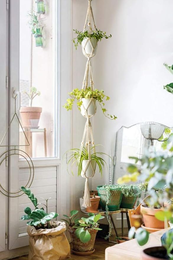 Macrame 3-Tier Hanging Planter | Handmade Triplet Plant Hanger for Indoor & Outdoor Decor