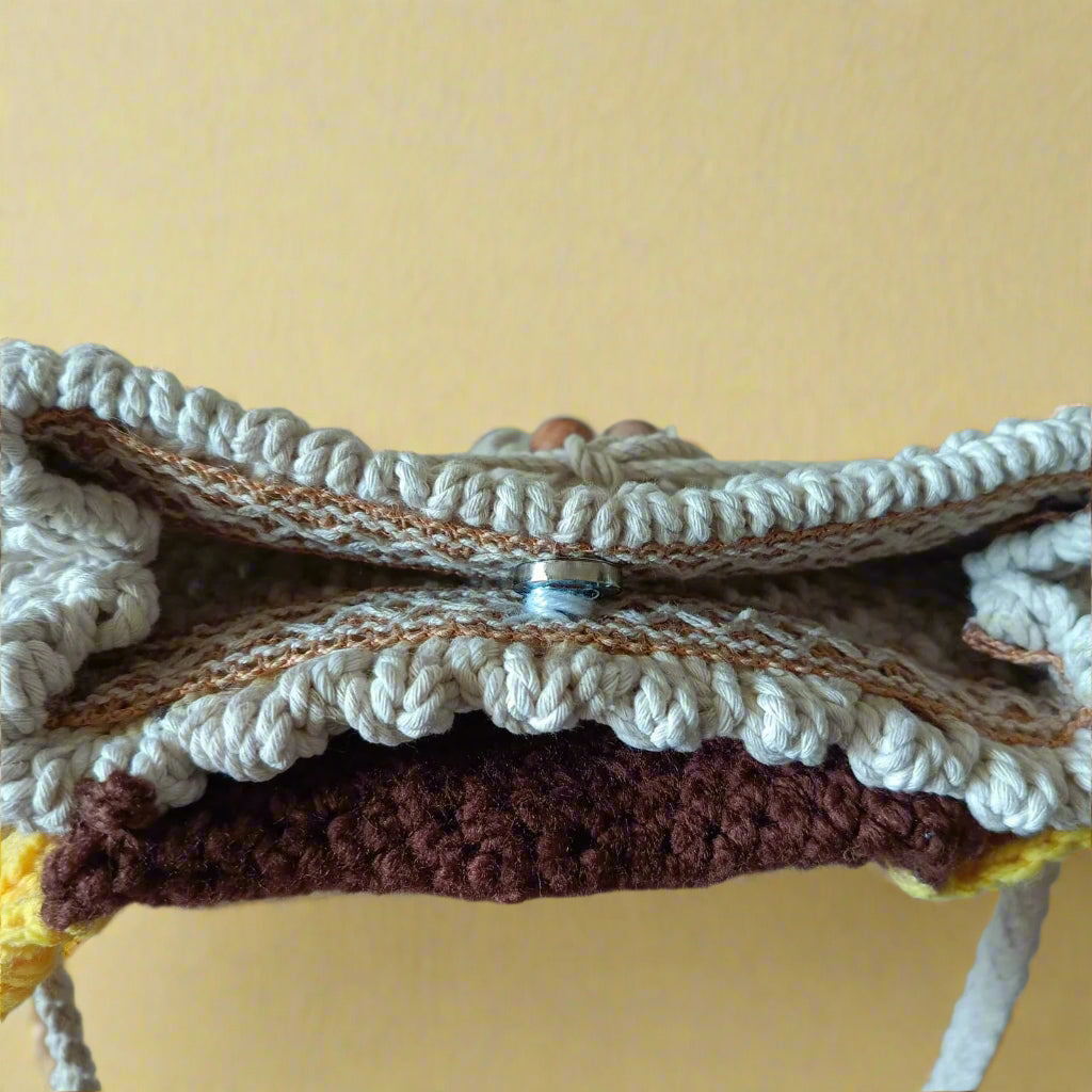 Handmade Macrame Crossbody Bag with Sunflower Crochet Flap | Boho Chic White and Yellow Shoulder Bag