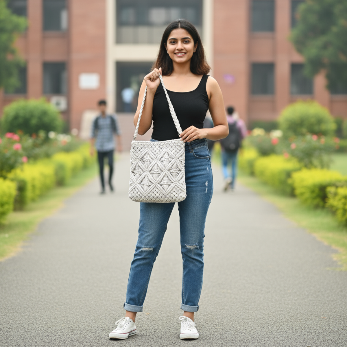 Woman holding a white textured tote handbag from arttales India