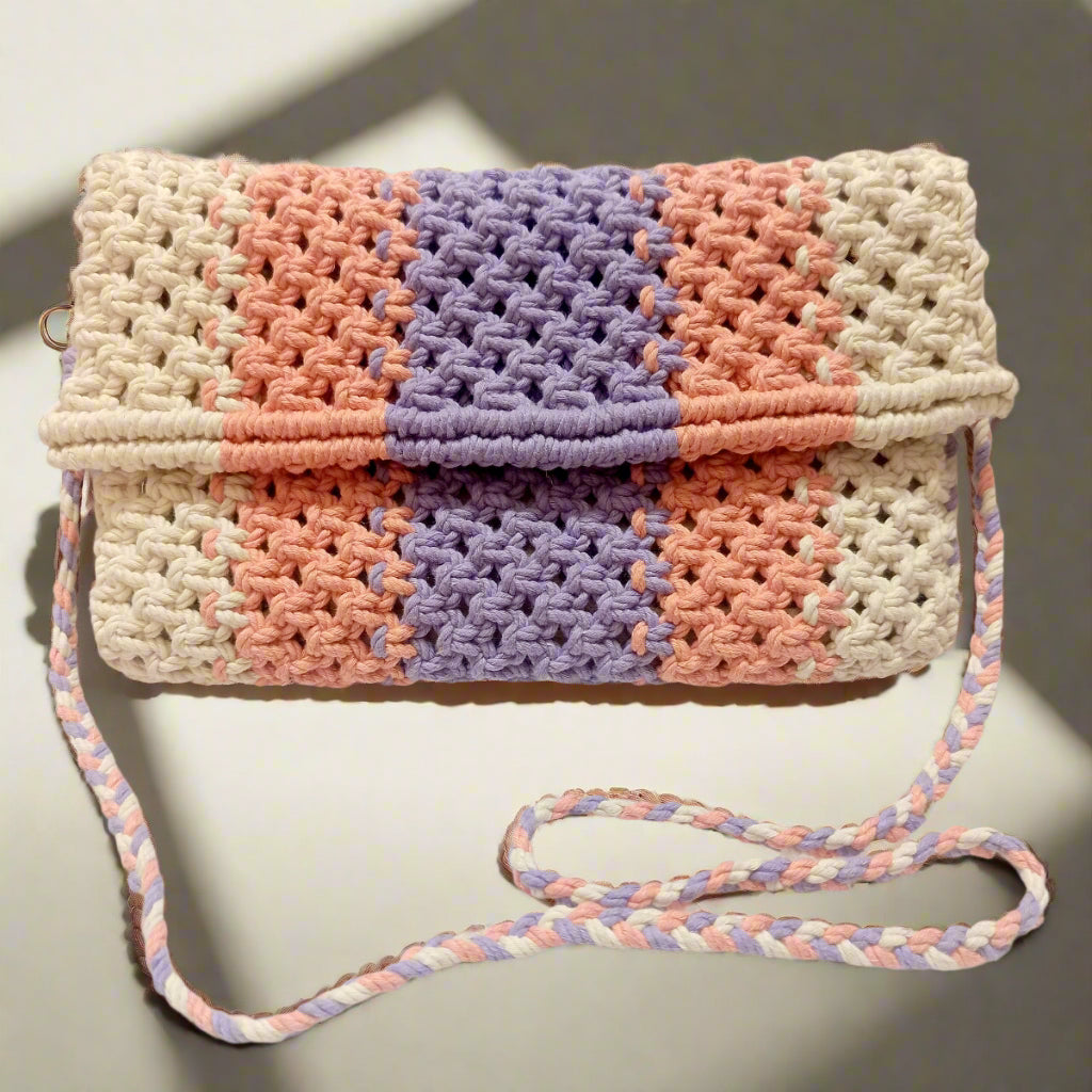 Handmade Macrame Sling Bag - Off-White, Peach & Lavender - Detachable Strap, Zipper Pouch