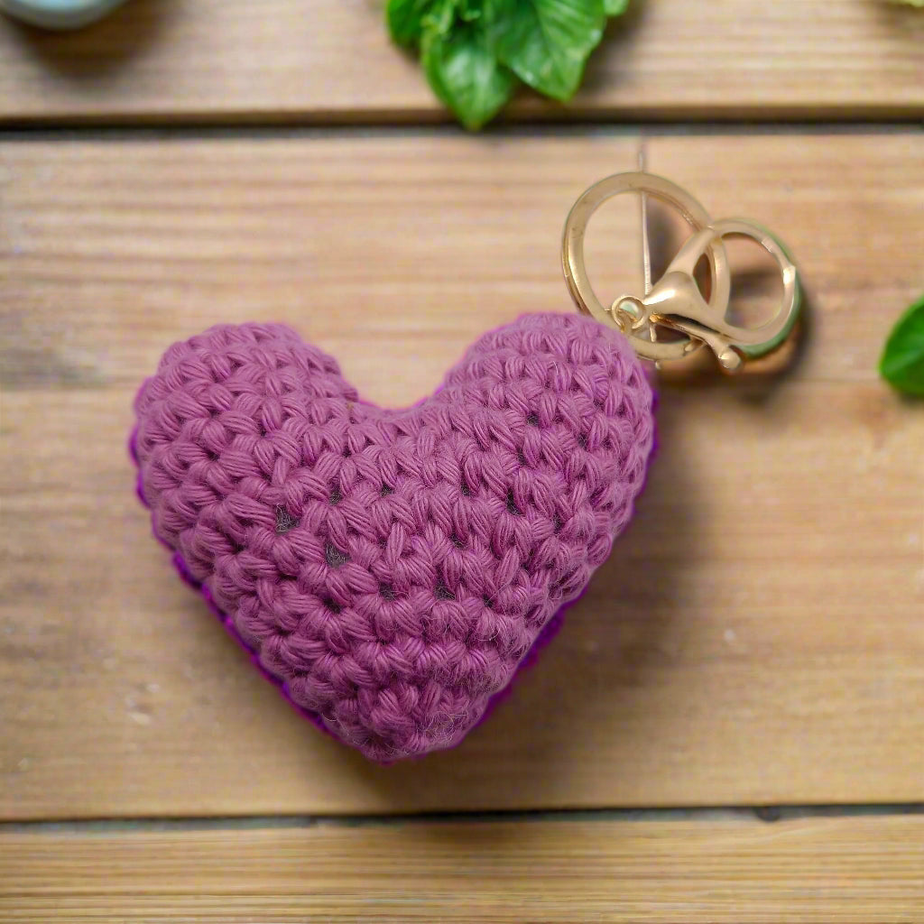 Purple heart-shaped crochet keychain