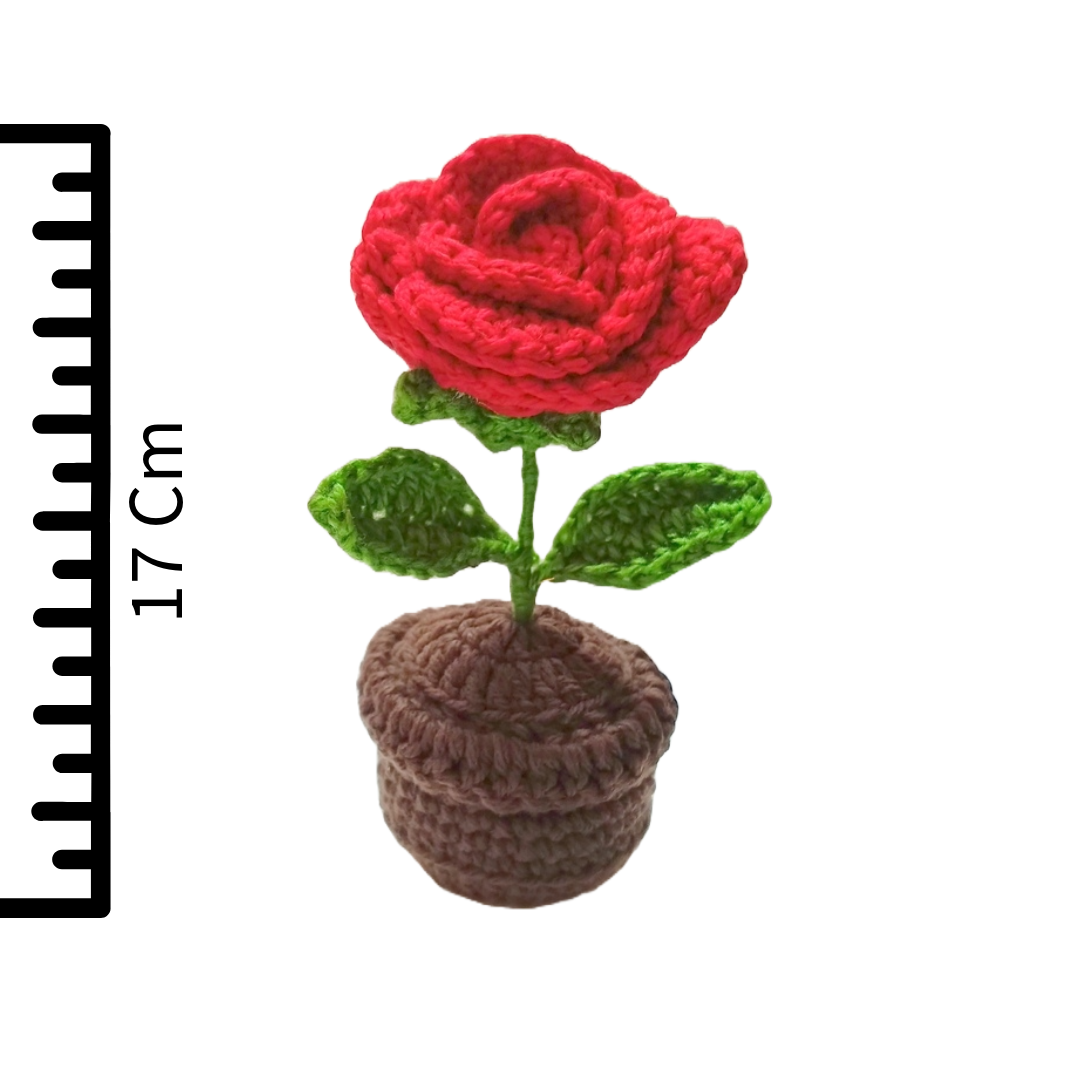 Handmade Crochet Rose Flower Pot Complete Hand Woven Crafty Rose Knitted Potted Plants Knitted Flower for Car Dash Decoration, Table Decoration, Home Decoration Pack of 1