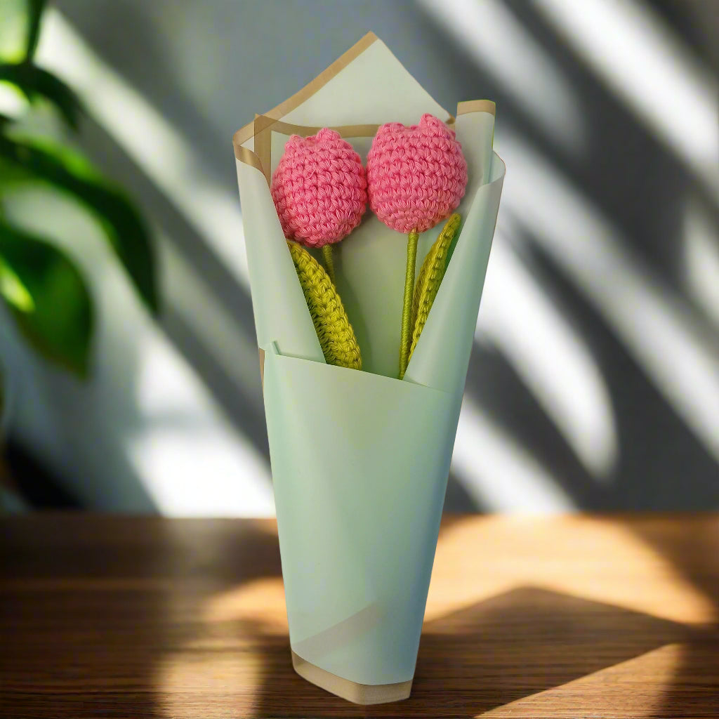 Set of 2 Handcrafted Pink Crochet Tulip Flowers – Elegant Gift-Ready Bouquet, 8-Inch Flowers
