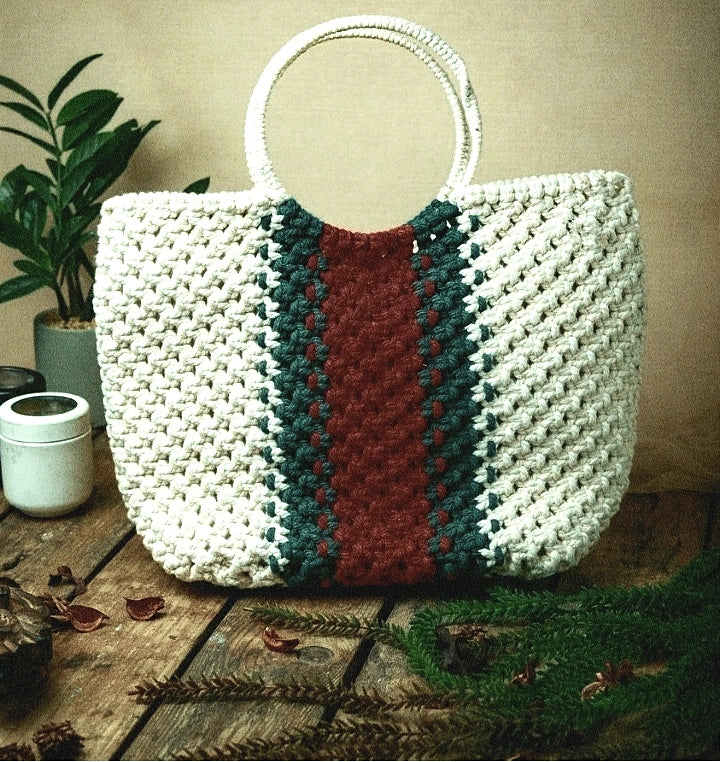 Tri-Colored Handcrafted Macrame Tote Bag for Women | Eco-Friendly Boho Shopping & Utility Bag