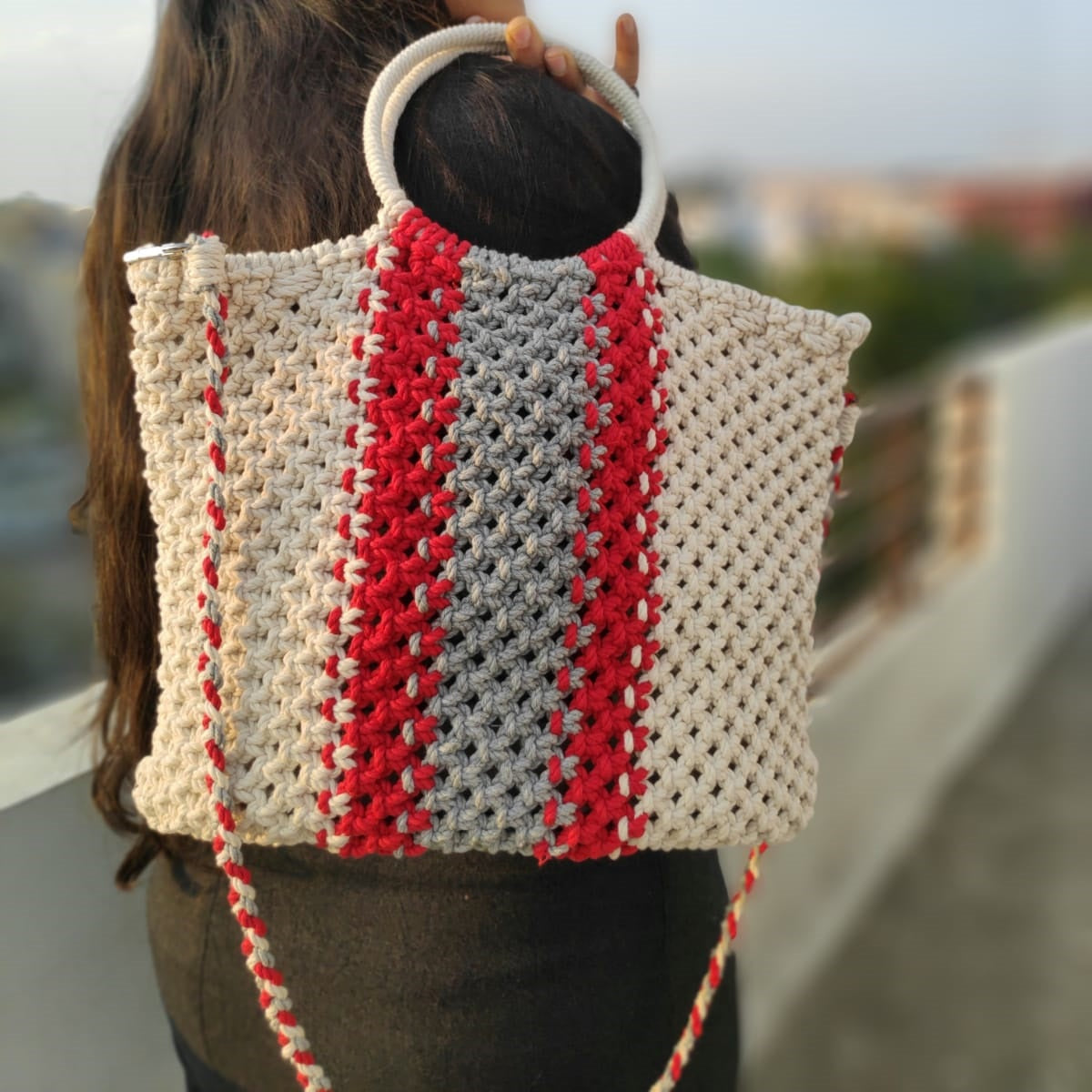Tri-Colored Handcrafted Macrame Tote Bag for Women | Eco-Friendly Boho Shopping & Utility Bag