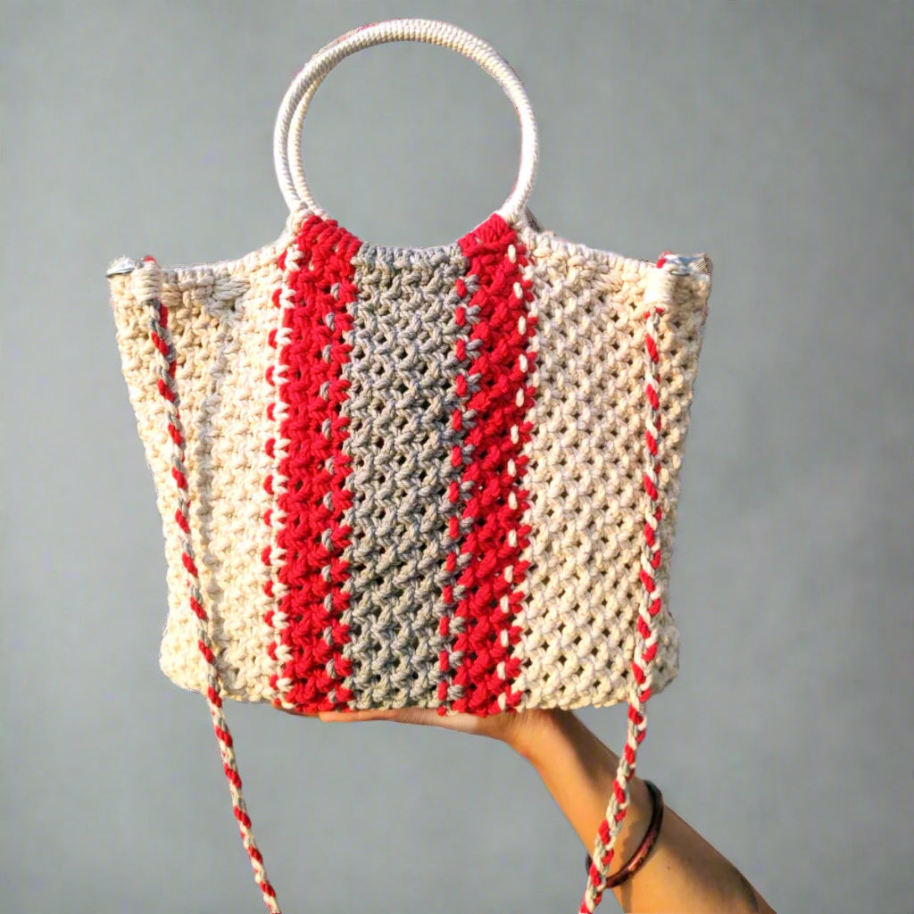 Tri-Colored Handcrafted Macrame Tote Bag for Women | Eco-Friendly Boho Shopping & Utility Bag