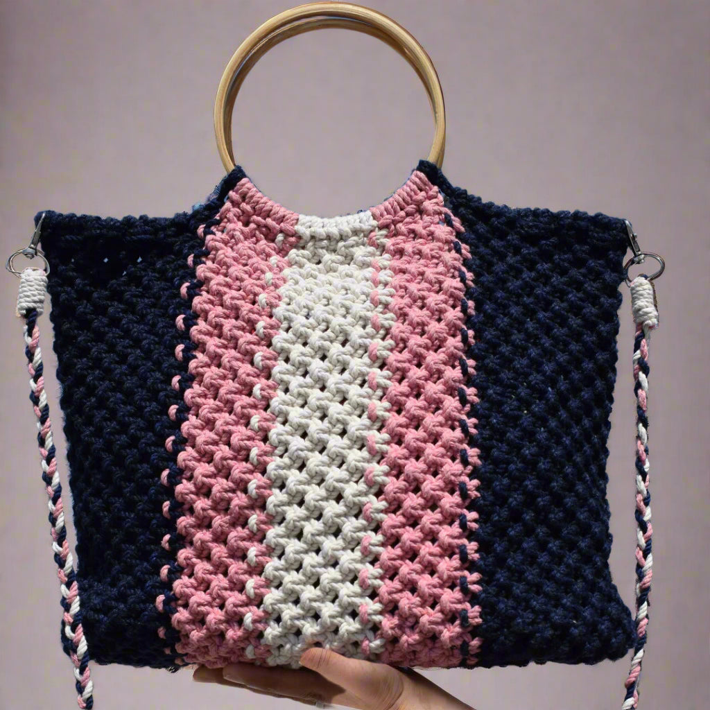 Tri-Colored Handcrafted Macrame Tote Bag for Women | Eco-Friendly Boho Shopping & Utility Bag