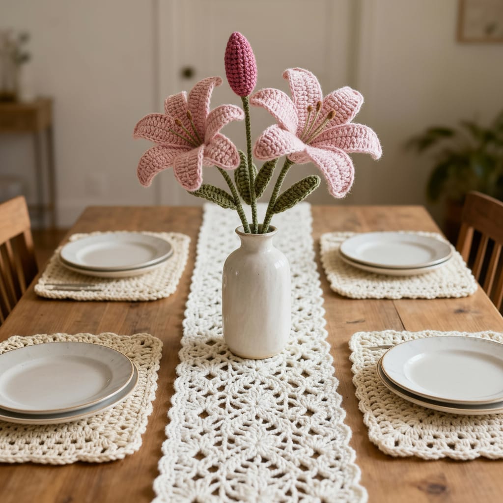 Luxury Crochet Lily Bouquet – Fuchsia Pink, Baby Pink, White and Bronze Centerpiece (Set of 2) | Avnyara by Art Tales