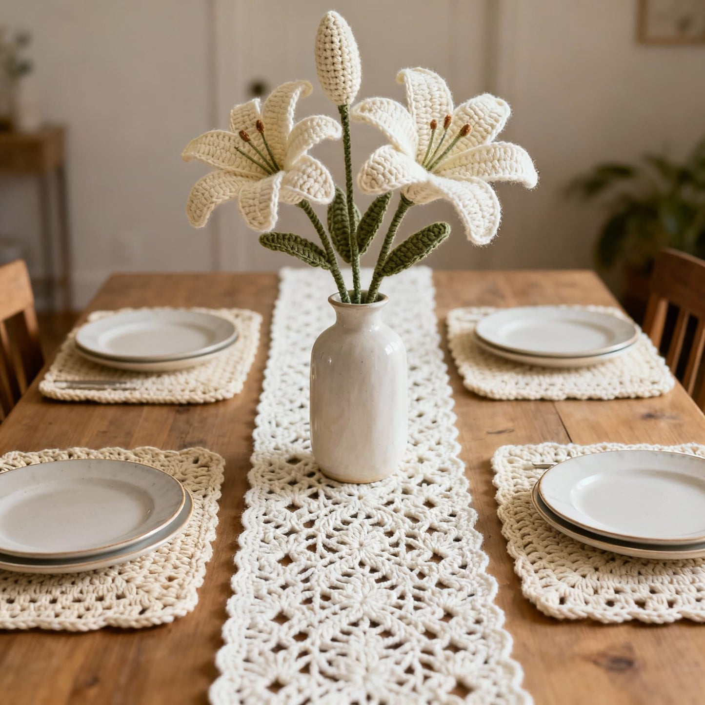 Luxury Crochet Lily Bouquet – Fuchsia Pink, Baby Pink, White and Bronze Centerpiece (Set of 2) | Avnyara by Art Tales