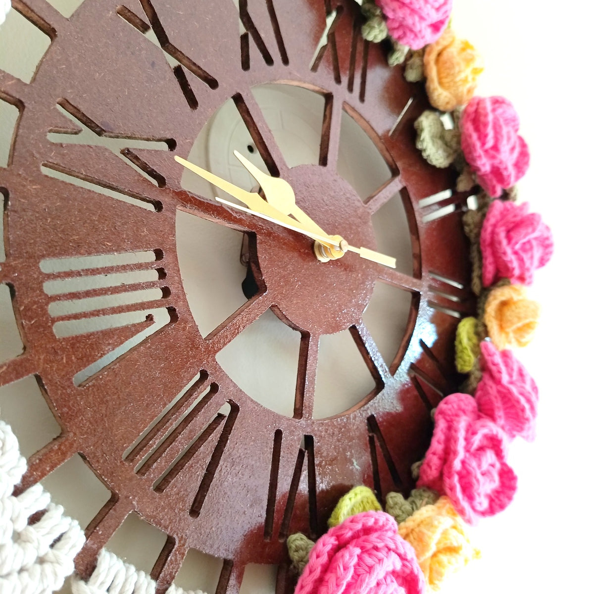 DecorativeWooden Wall Clock with Crochet Roses & Macrame Triangles, 35 cm, Roman Numerals, Diwali Home Decor & Gift, Made in India wall clock with floral wreath