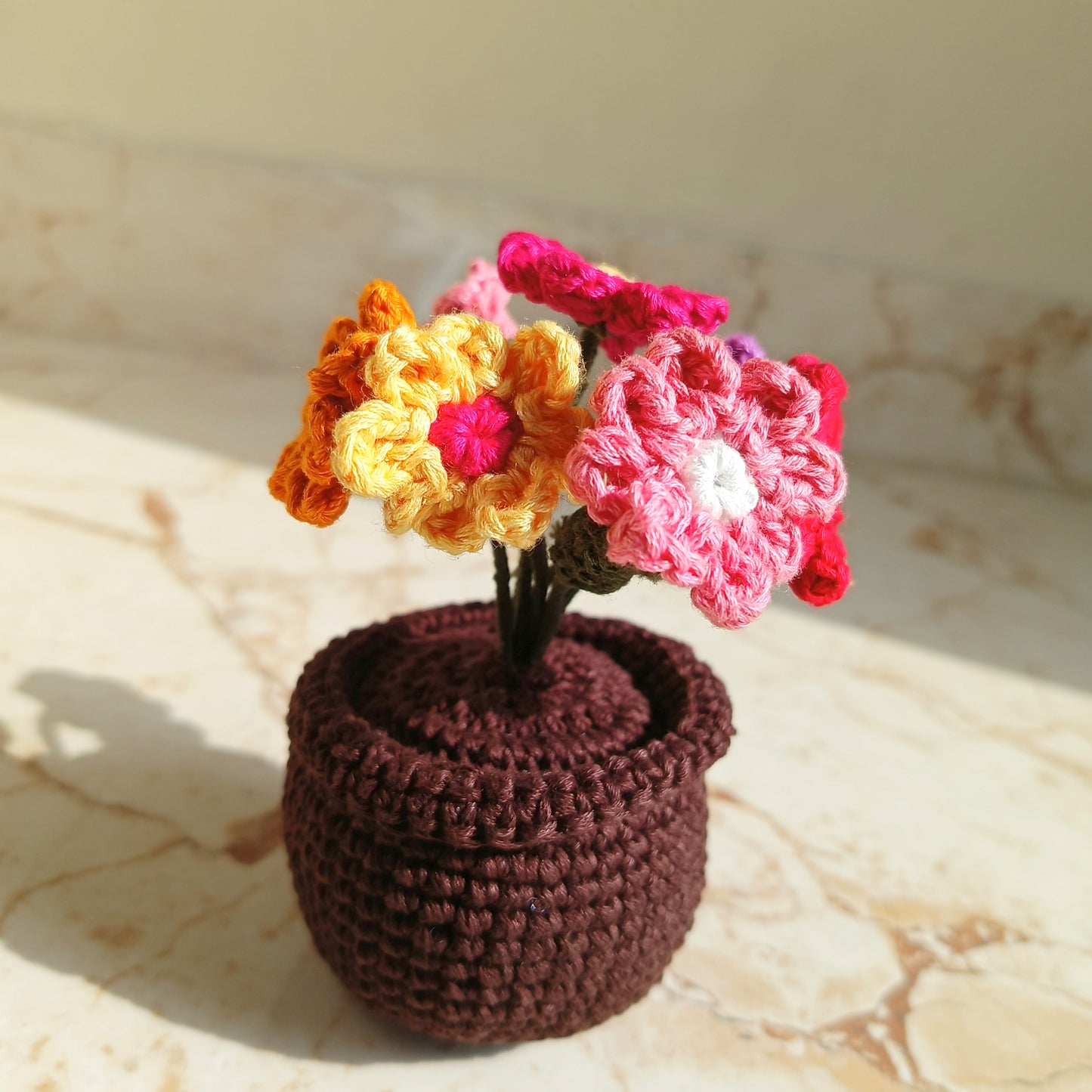 Handmade Crochet Daisy Flower Pot | Colorful Home Decor | Gift & Car Dashboard Accessory