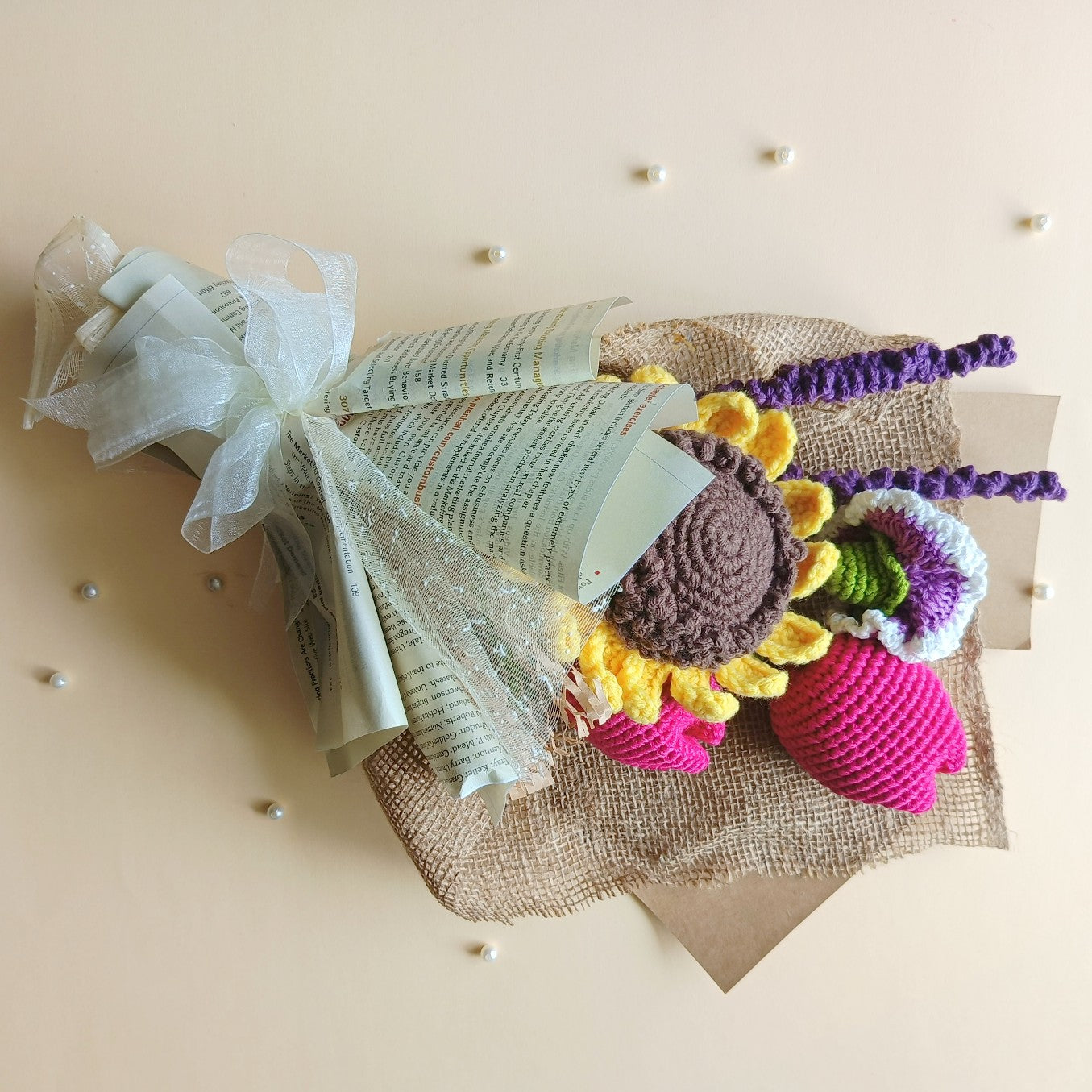 Handmade Crochet Flower Bouquet with Sunflower, Tulips, Lavender and Carnation – Everlasting, Low‑Maintenance, Allergy‑Friendly Gift for Her – Made in India