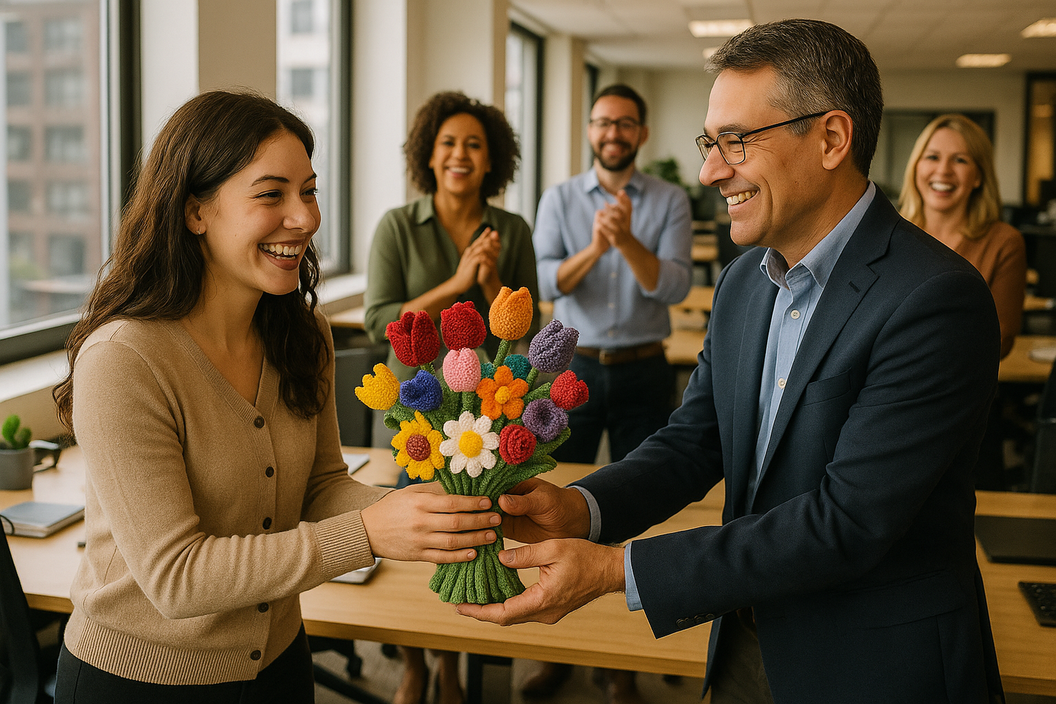 office setup, a female employee is receiveing a handcrafted crochet flower bouquet from her manager and other employees are clapping for her.