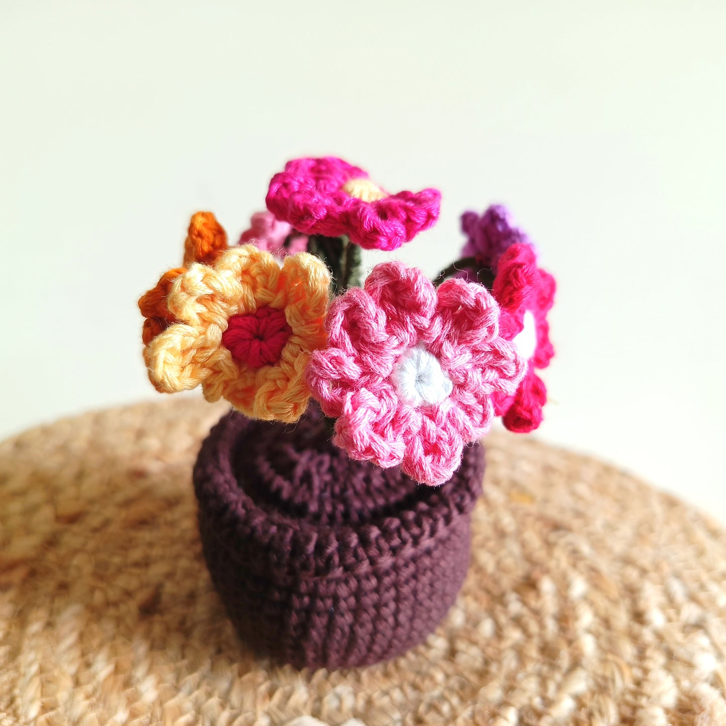 Handmade Crochet Daisy Flower Pot | Colorful Home Decor | Gift & Car Dashboard Accessory