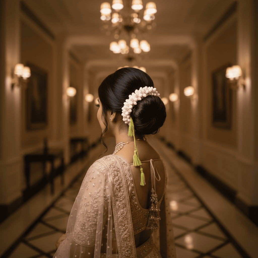 Woman in traditional attire with decorative crochet gajra
