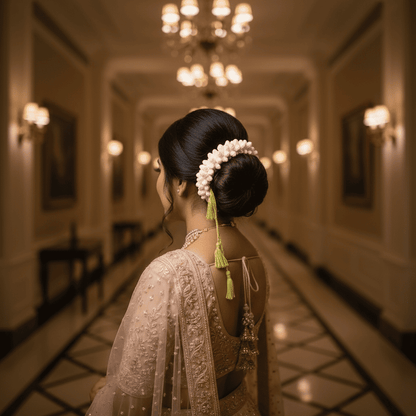 Woman in traditional attire with decorative crochet gajra