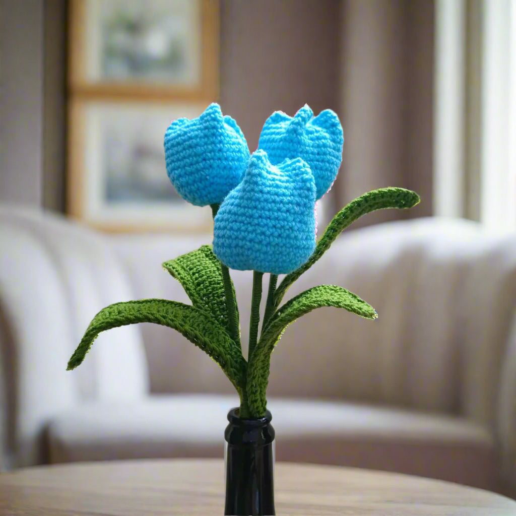 Crochet Tulip Flowers For Decor and Gift | White & Light Blue Decorative Blossoms