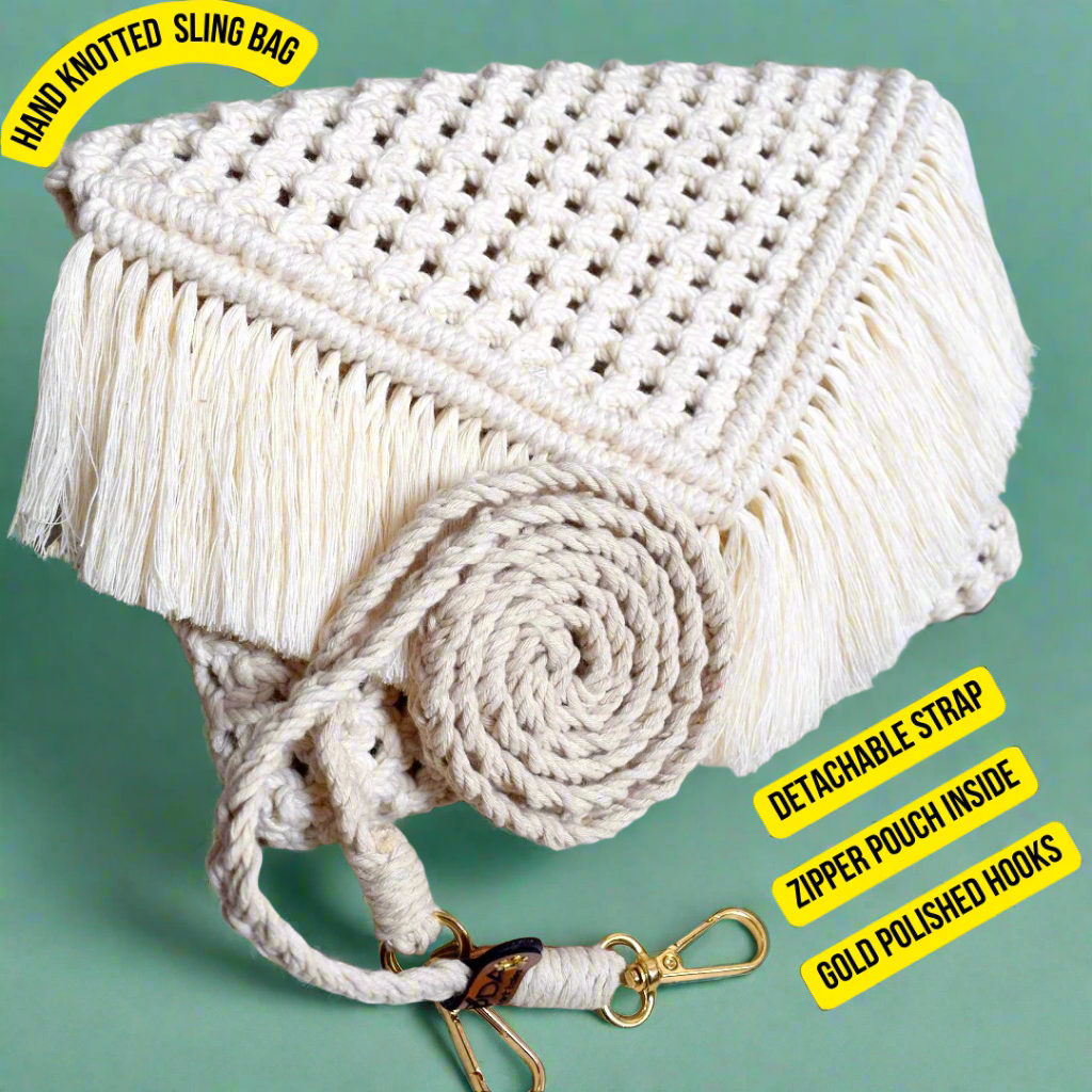 Boho Macrame Ladies Sling Bag | Handmade Crossbody Bag & Clutch with Detachable Strap
