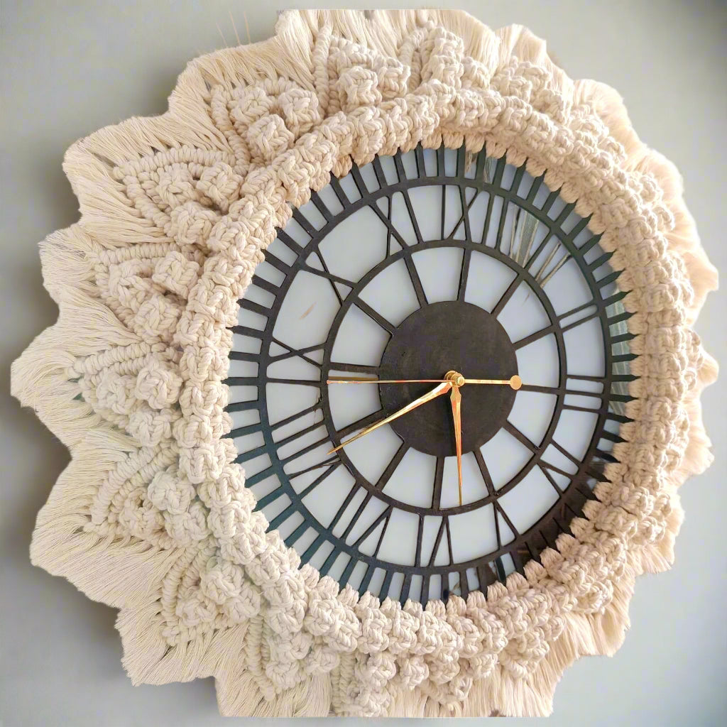 Handmade Wooden Wall Clock with Macrame Artwork | 12-Inch Elegant Decorative Timepiece