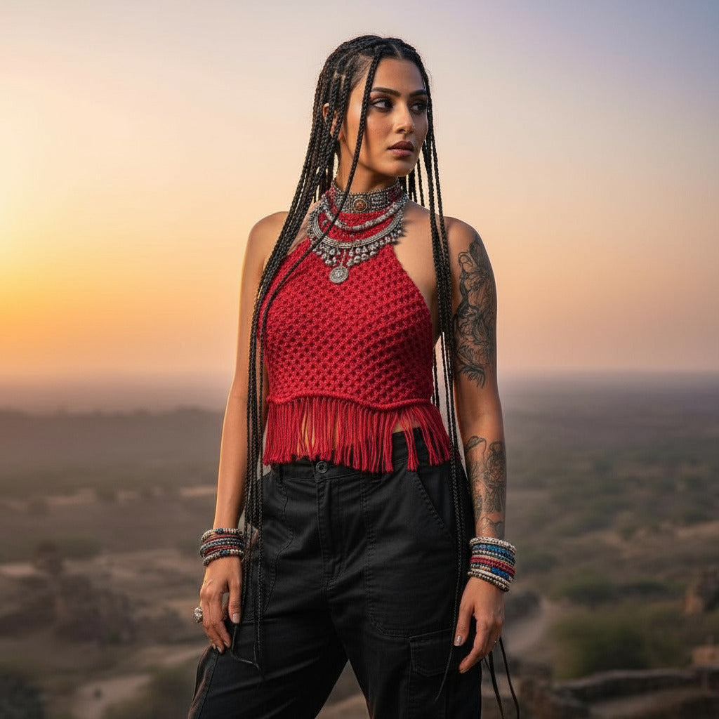 Crimson Handmade Macramé Halter Crop Top for Women — 100% Cotton Fringe | Avnyara by Art Tales | Made in India