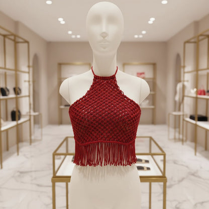 Crimson Handmade Macramé Halter Crop Top for Women — 100% Cotton Fringe | Avnyara by Art Tales | Made in India