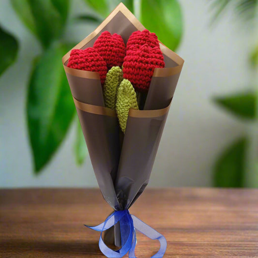 Crochet Tulip Bouquet – Set of 4 Red Tulips | Romantic Gift for Valentine’s, Anniversary & Home Decor