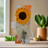 Crocheted sunflower on a card 