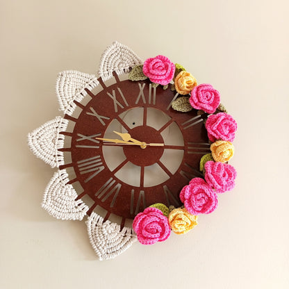 Decorative wall clock with floral crochet and macrame design, made in India