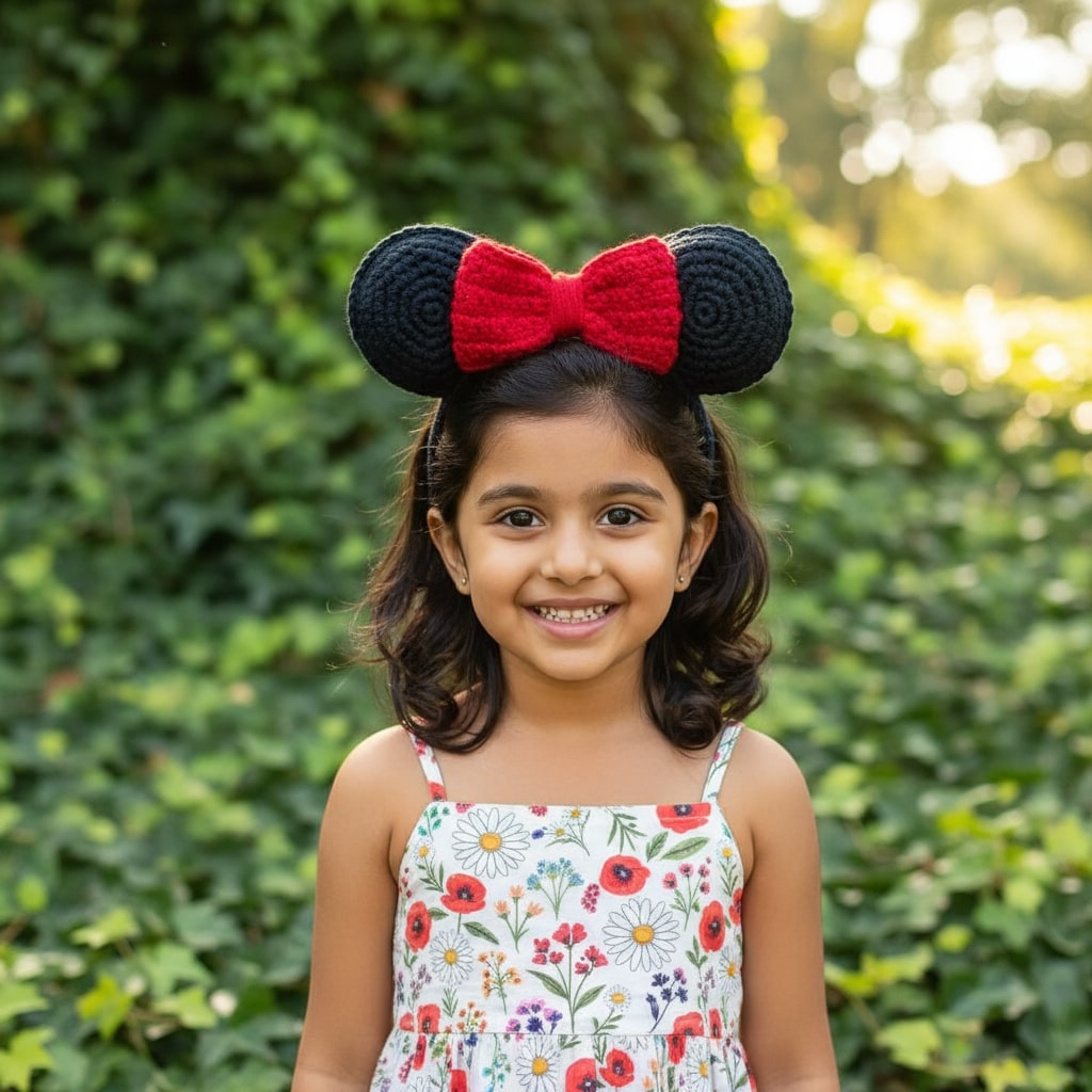 Handmade Crochet Mouse‑Ear Bow Headband for Girls | Black Ears with Red Bow | Avnyara by Art Tales